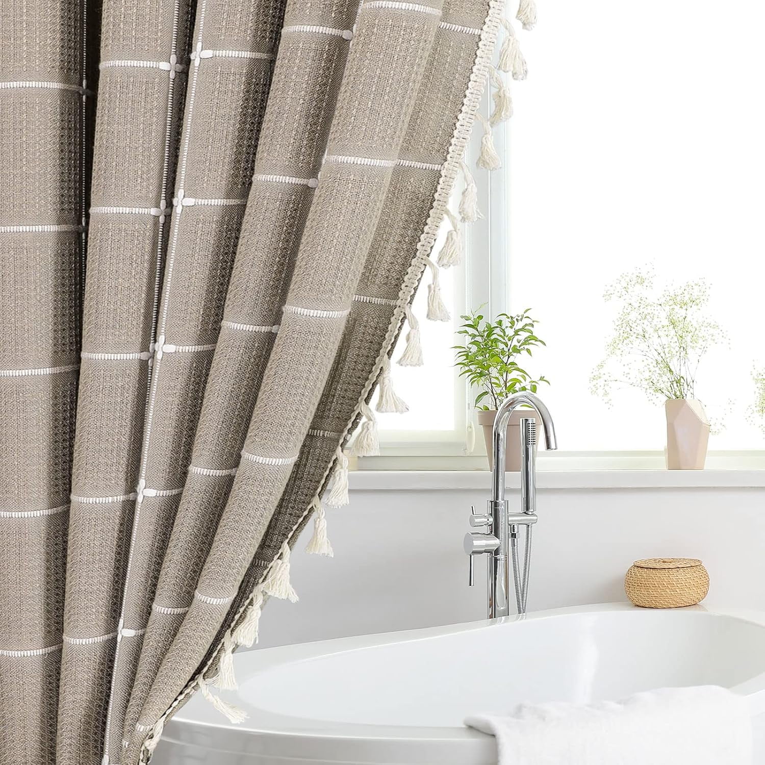 Zrodlmo Boho Farmhouse Shower Curtain with Hooks Rustic Cottagecore Fabric Bathroom Curtain with Tassels, 72" x 72", Coffee