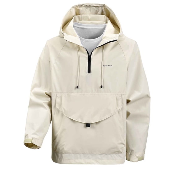 Mens Pullover Windbreaker Jacket Waterproof Hooded Anorak Rain Coat Lightweight Outdoor Hiking Travel Shell Beige S