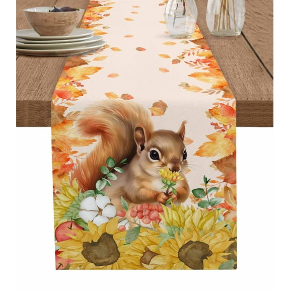 Ldtrchee Pink Squirrel Fall Table Runner 72 Inches, Thanksgiving Sunflower Maple Leaf Bed Runner Dresser Scarves Tabletop for Indoor Outdoor Parties/Ceremony/Banquet, 13" x 72"