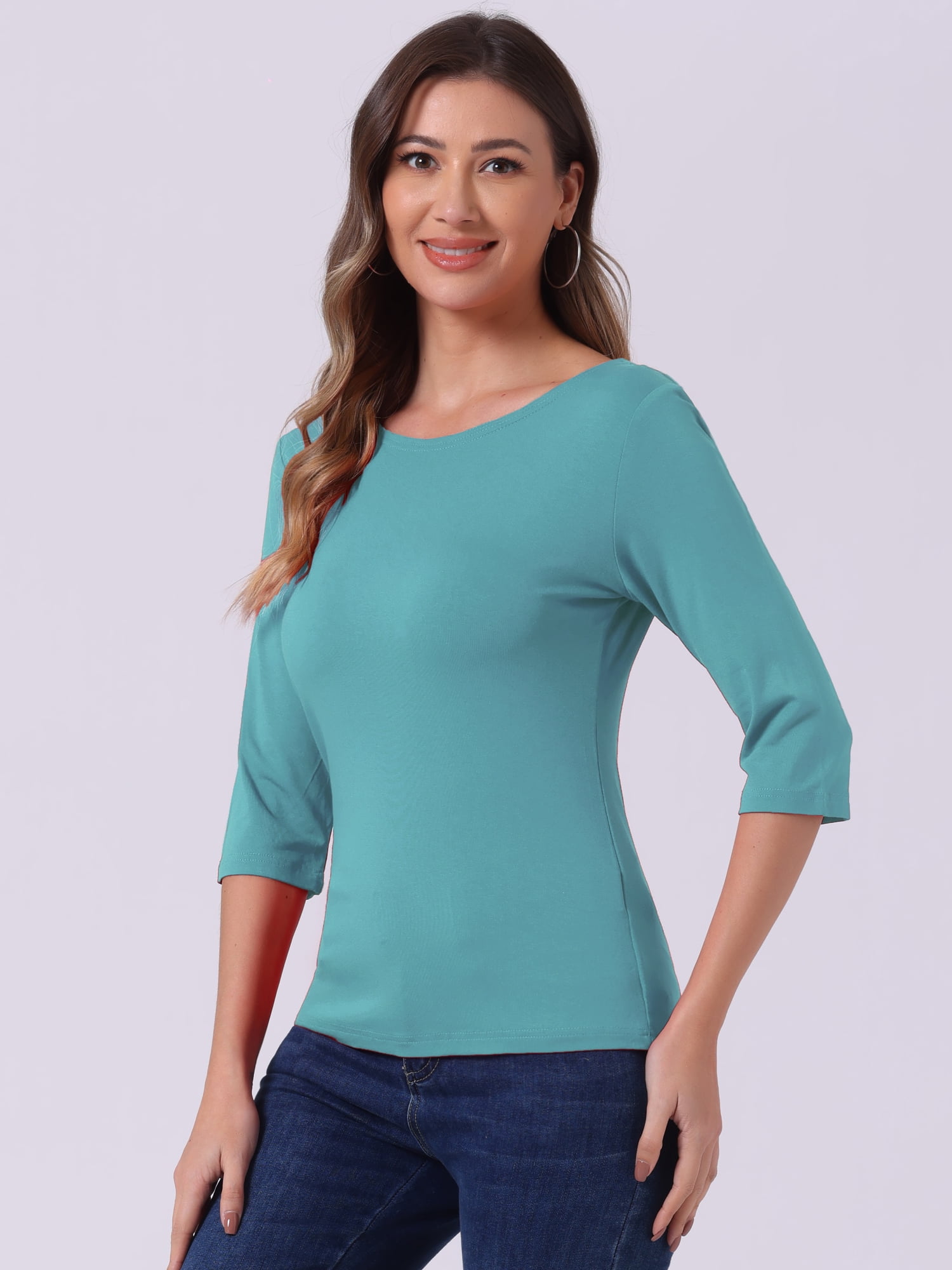 DARING DIVA Women's Elbow Sleeves Boat Neck Slim Fit Classic Tee M Sea Green