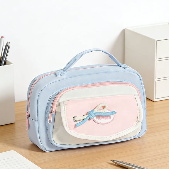 Cute Color Block Pencil Case with Soft Gloss Design, Large Capacity Storage Bag with Hand Strap for Stationery and More