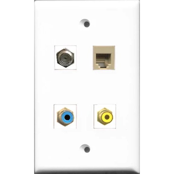 RiteAV 1 Port RCA Yellow and 1 Port RCA Blue and 1 Port Coax Cable TV- F-Type and 1 Port Phone RJ11 RJ12 Beige Wall Plate