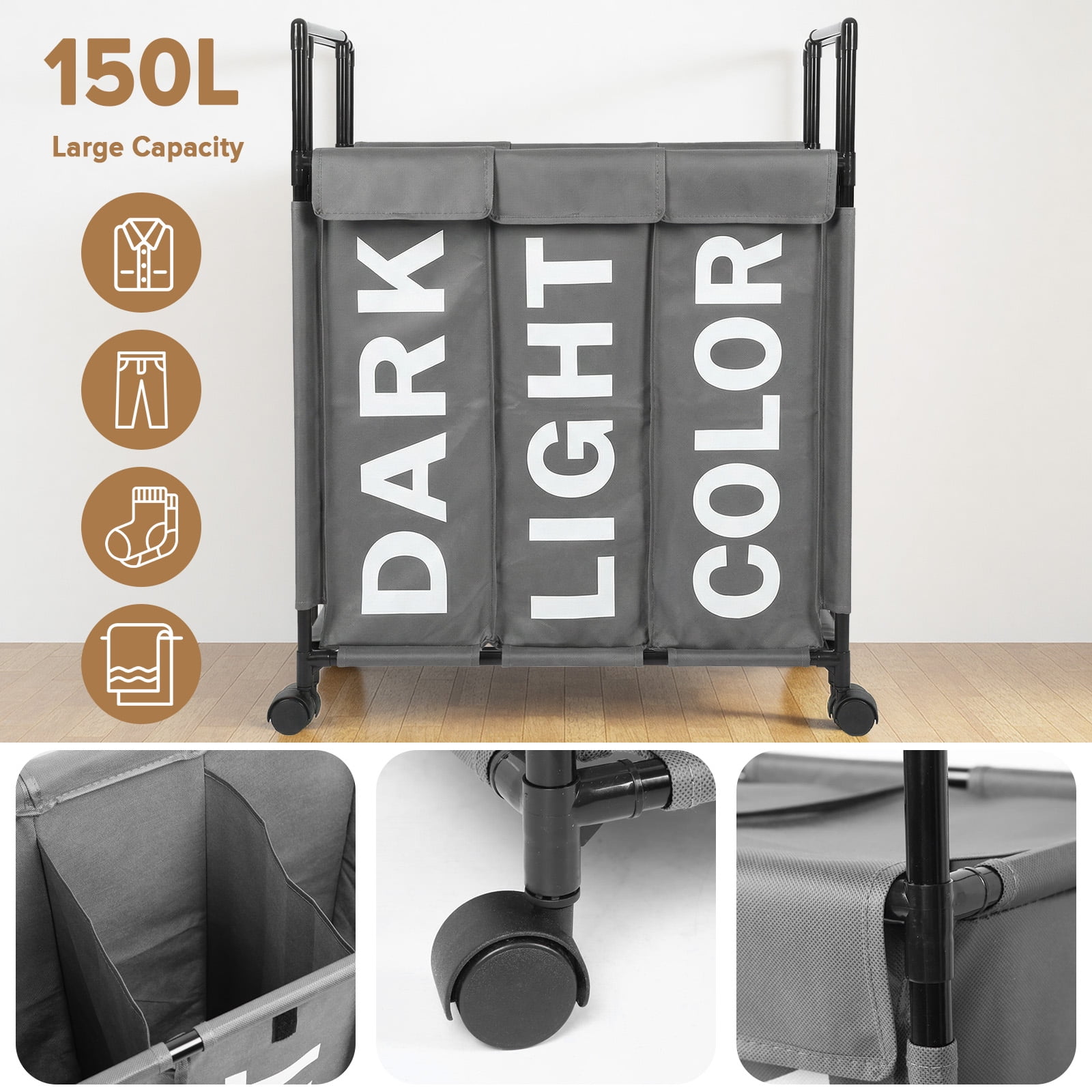 3 Section Laundry Basket with Wheels and Lids, 150L Rolling Laundry Hamper with Handle, Sorter for Clothes Toys Sundries (Gray)