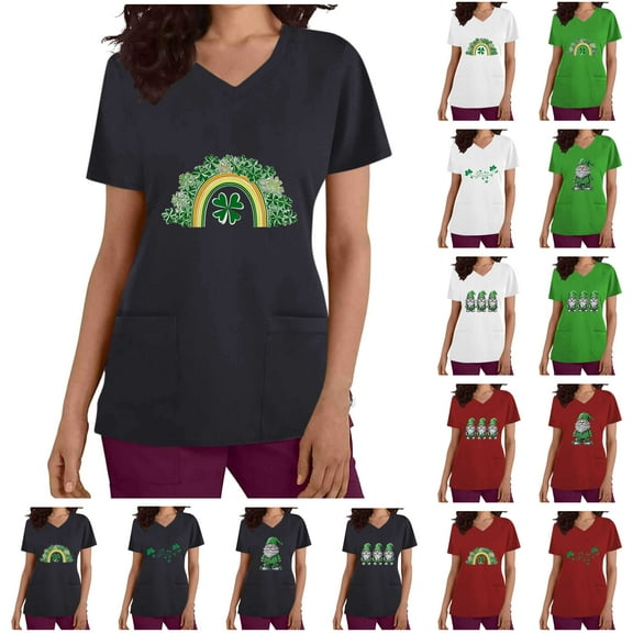 BiZtdJrK Luck Clover Shirts for Women 2025 St Patrick's Day Short Sleeve Irish Shirts Loose Fit V-Neck Scrubs Tops with Pockets Black L Daily Sales
