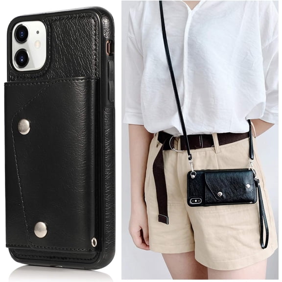 for iPhone 11 Card Holder Case with Neck Strap Crossbody Chain Handbag Wrist Strap Protective Cover with Credit Card Holder Slot PU Leather Wallet Case for iPhone 11 Black