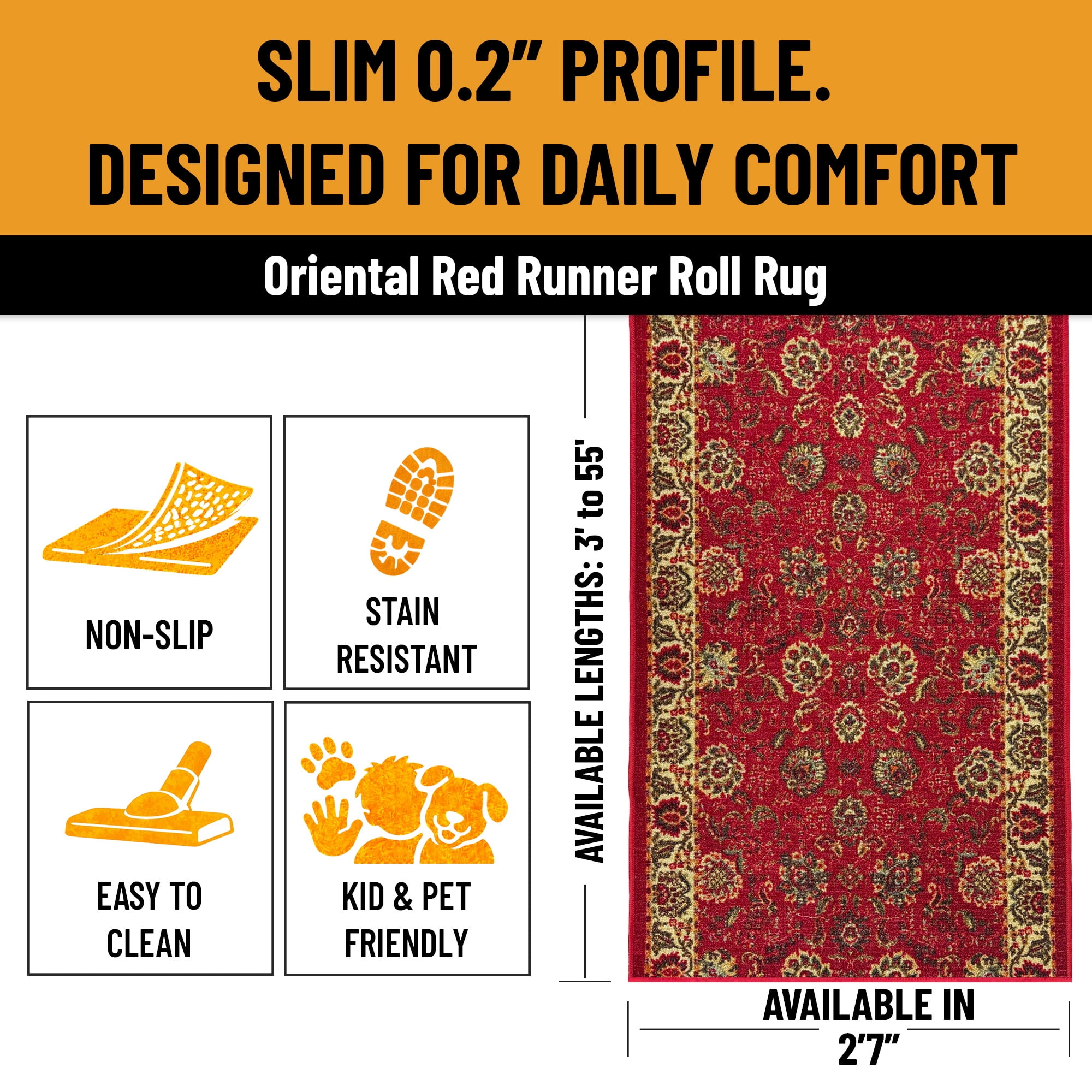Ottomanson Extra Long Runner Rug 2'7" x 47' – Non-Slip Low Pile Hallway Carpet, Oriental Red