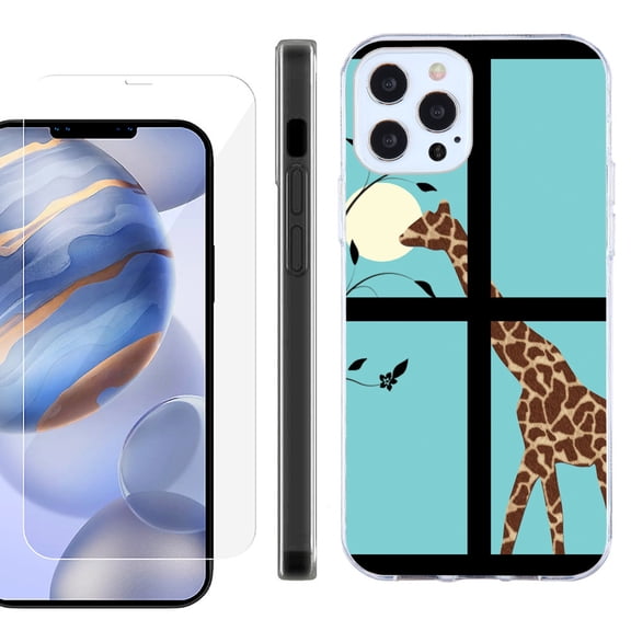 Slim Fit Protective Phone Case for Apple iPhone 12 / iPhone 12 Pro, with Tempered Glass Screen Protector, by OneToughShield ® - Moon Giraffe