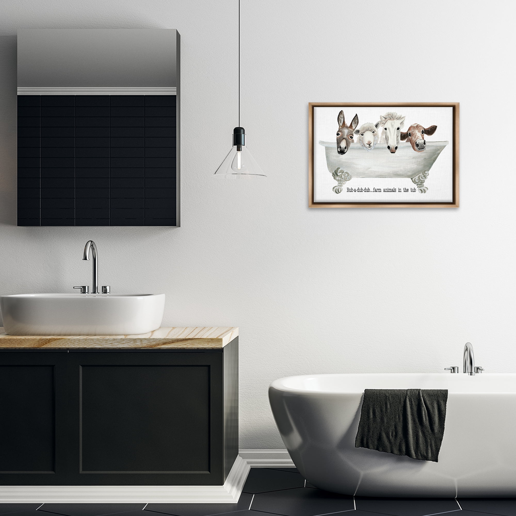 Stupell Industries Farm Animals Tub Bath & Laundry Painting Brown Floater Framed Canvas Art Print Wall Art, 25 x 17