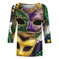 thumbnail image 5 of TrendVibe365 Mardi Gras Womens Tops 3/4 Sleeve T Shirt Plus Size Crew Neck Polyester Casual Mask Printed Mardi Gras Celebrations Blouse Tops for Mardi Gras Event Purple 4XL, 5 of 5