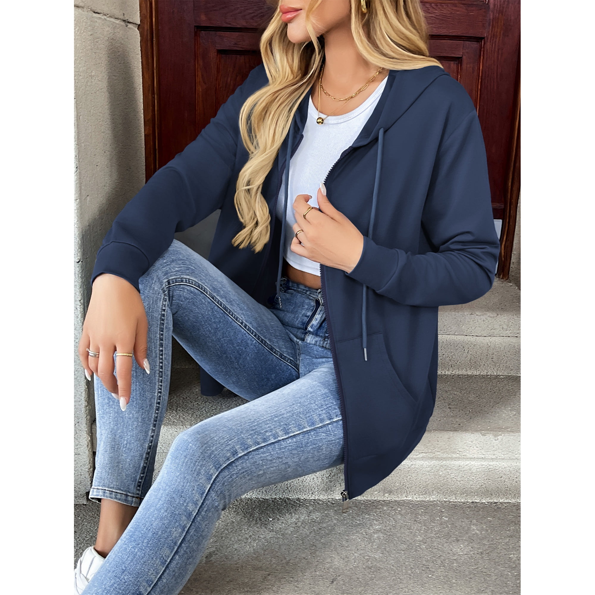 HOWCOME Basic Women's Full-Zip Hoodie – Lightweight Non-Fleece Long Sleeve Track Jacket with Adjustable Hood and Pockets, Navy Blue X-Large
