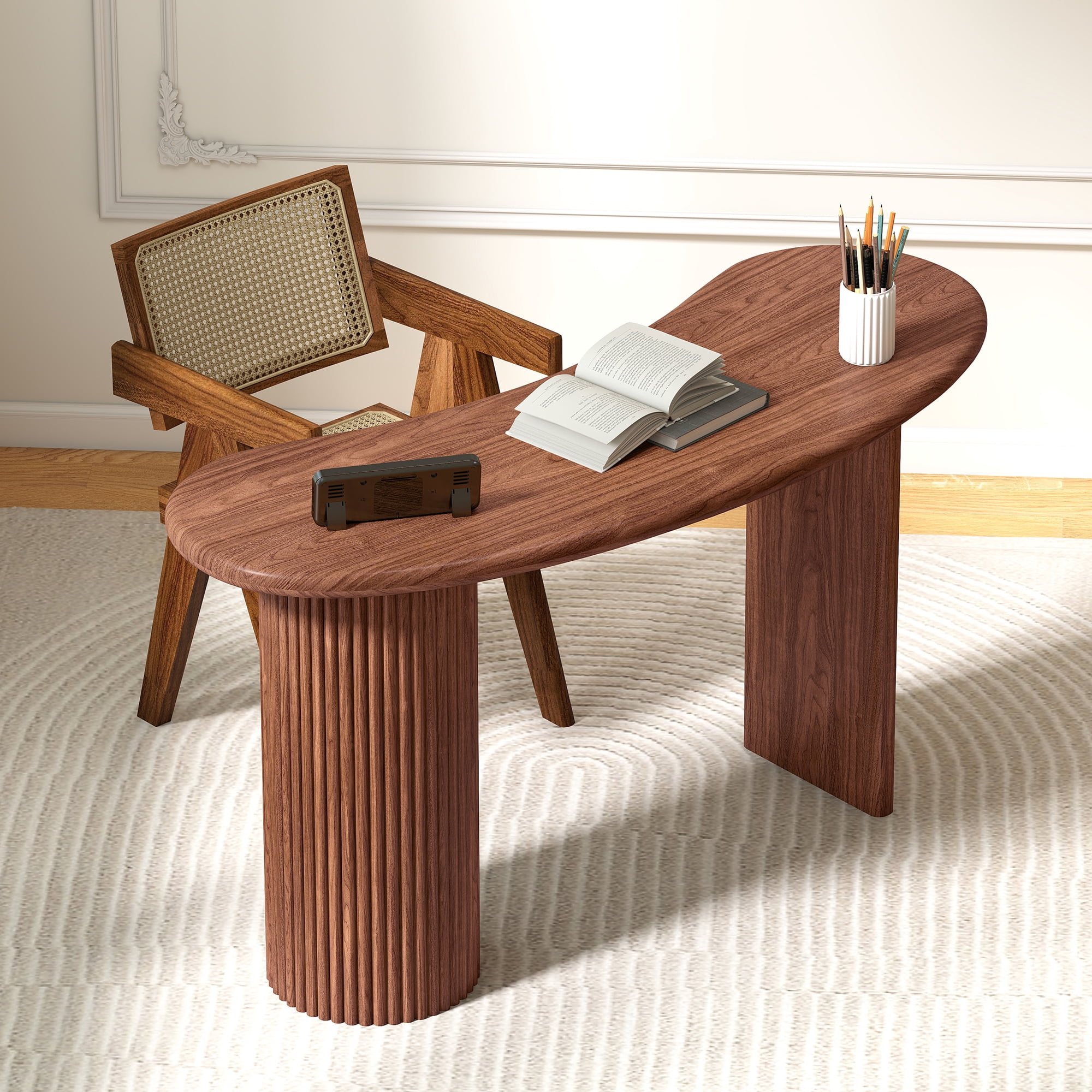 Wirrytor 53 Inch Curved Desk with Fluted Legs, Oval Small Computer Desk for Bedroom Corner, Modern Home Office Writing Vanity Table for Kids and Adults, Space Saving Corner Study Desk Unit