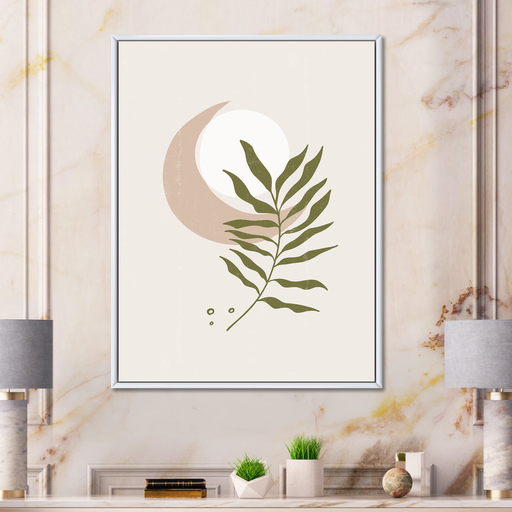 Designart 'Abstract Geometrical Leaf With Moon II' Modern Framed Canvas Wall Art Print