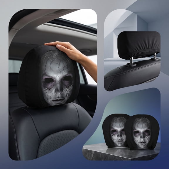 2 Pack Halloween Car Headrest Covers, Spooky Face Print Ghost Seat Head Rest Protector, Washable Breathable Polyester Halloween Vehicle Interior Decor A