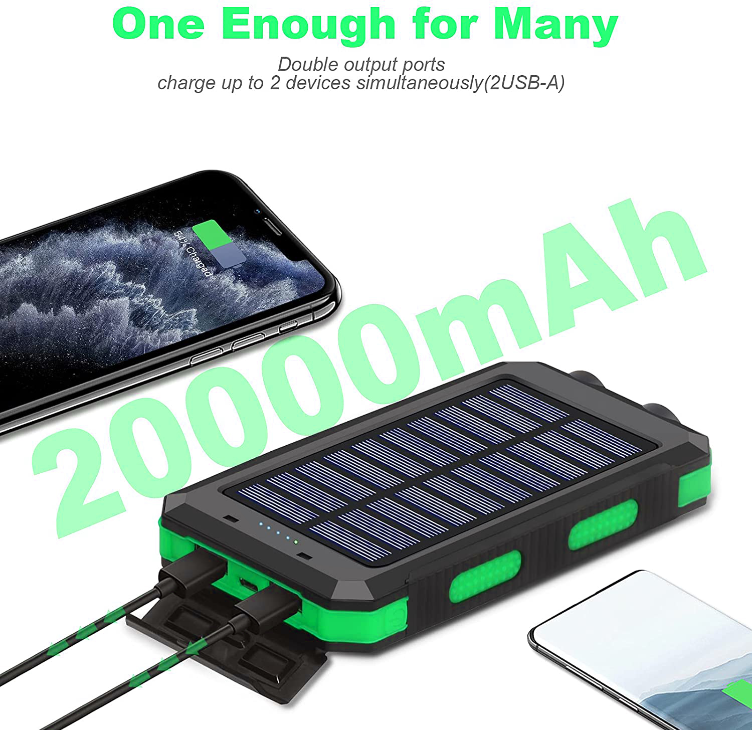 20000mAh Solar Charger for Cell Phone iphone, Portable Solar Power Bank with Dual 5V USB Ports, 2 Led Light Flashlight, Compass Battery Pack for Outdoor Camping Hiking(Green) - image 3 of 7