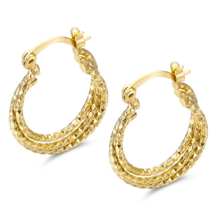 Hinge Back Rhombus Patterned Hoop Earrings Made with 18K Gold Overlay