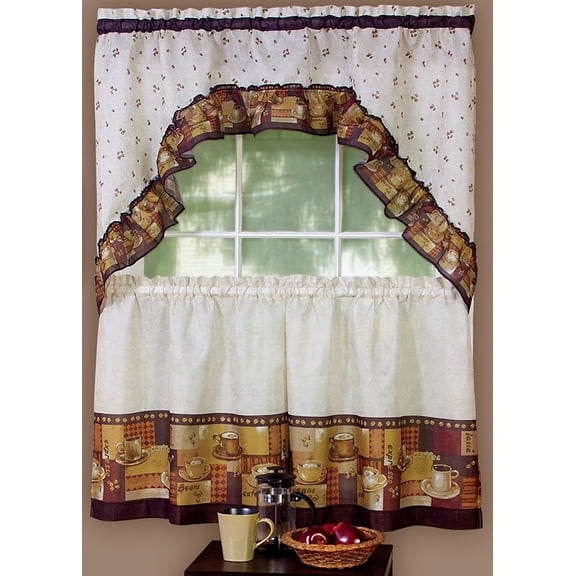 Traditional Elegance Coffee Kitchen Curtain Set - One Swag (57" x 30") and One Tier Pair (57" x 36")