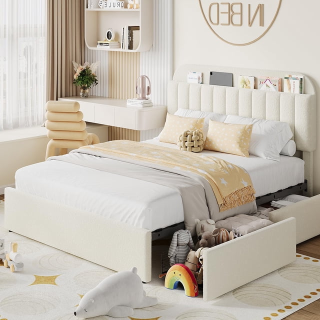 Kojooin Cama con Plataforma para Niños y Niñas con Tapicería Lujosa, Almacenamiento Flexible y Cabecera Tipo Librería, Soporta 850 Libras