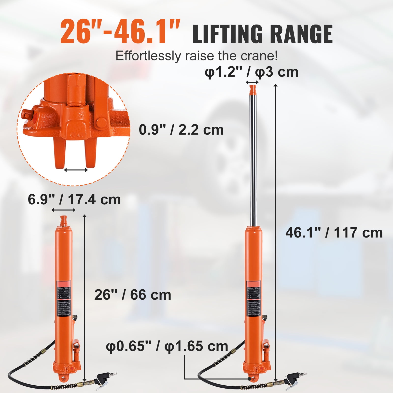KFFKFF Hydraulic Long Ram Jack, 8-Ton Capacity with Air and Single Piston Pump, Ram Cylinder with Clevis Base for Engine Lifts, Garage Cranes, and Farm Use