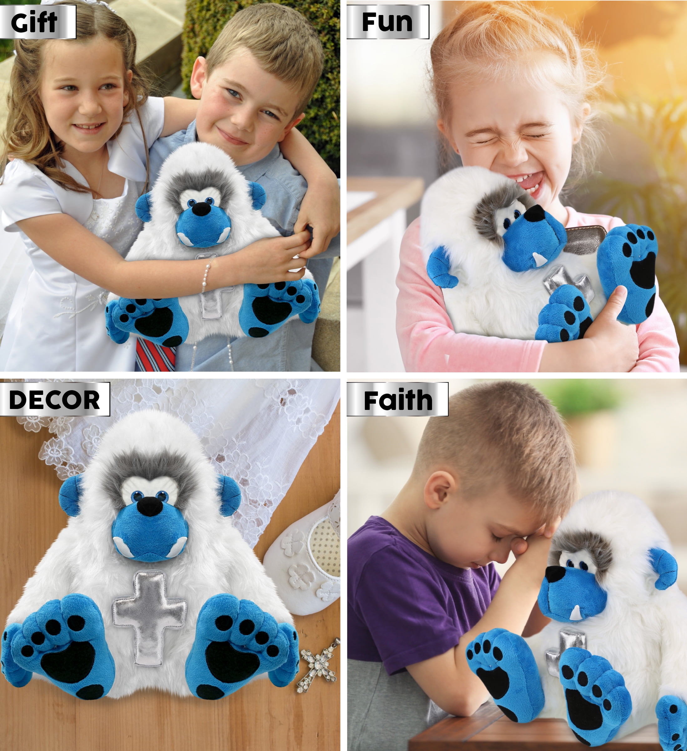 DolliBu Super Soft Yeti Stuffed Animal with Silver Cross Plush - Religious Baptism Gifts for Boys and Girls, Dedication Christening Gifts Plush Prayer Toy Healing Stuffed Animal - 12 Inches