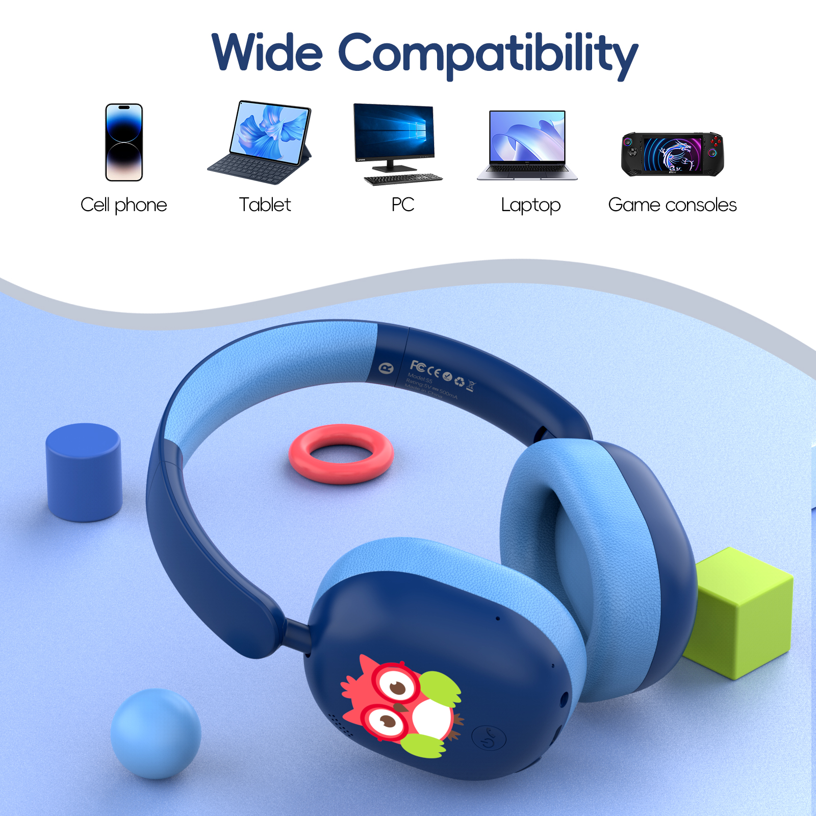 LOBKIN Kids Bluetooth Headphones Over Ear Headphones with Mic 35H Playtime 85dB Safe Volume Foldable Design for Girls Boys Travel/School/Tablet Blue