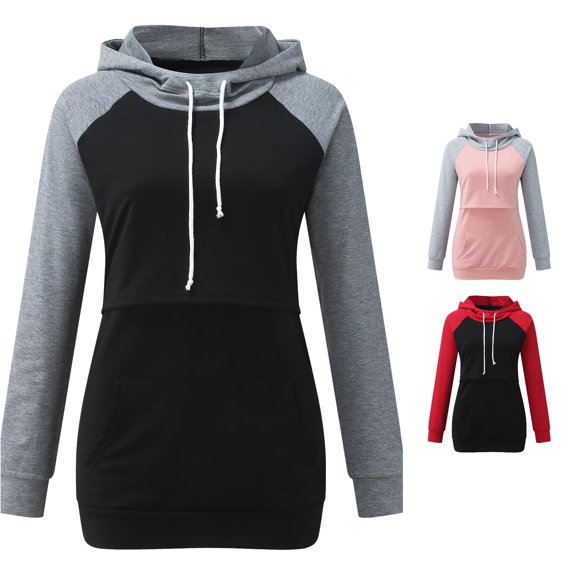 Gyujnb Drawstring Hooded Maternity Nursing Sweatshirt Raglan Color Block Soft Stretch Knit Long Sleeve Dual Layer Lift Up Feeding Front Kangaroo Pocket Longline Loose Hem Top,L