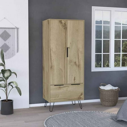 Modern Armoire Closet, One Drawer, Double Door Cabinet, Light Oak, for Bedroom