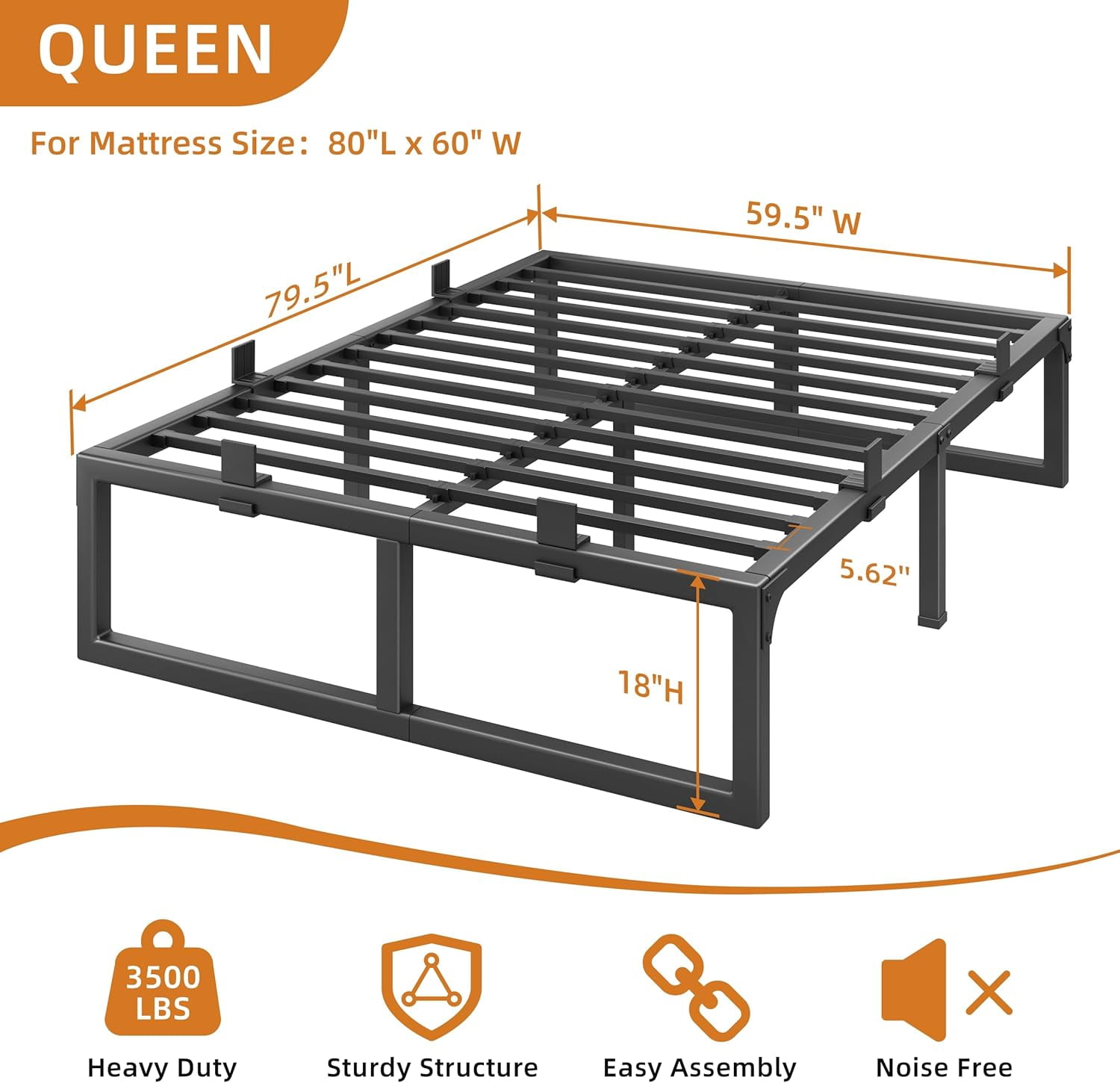 18-Inch Queen Size Metal Platform Bed Frame with Squeak-Free U-Slot Design, 3500 lbs Capacity, Under Bed Storage, Black
