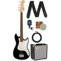 Fender Squier Sonic Bronco Bass Guitar - Black Bundle with Rumble 15 Bass Amplifier, Cable, Tuner, Strap, and Austin Bazaar Instructional DVD