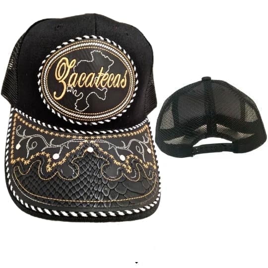Gorra de Zacatecas Hat, Adjustable Unisex, Charro Style, Polyester/Acrylic, Embroidered Snake Skin Design in Black