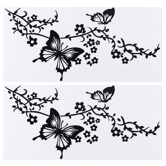 2sheets PVC Reflective Car Stickers Waterproof Self-Adhesive Flower Butterfly Decals for Car Decoration Black 400x205x0.1mm