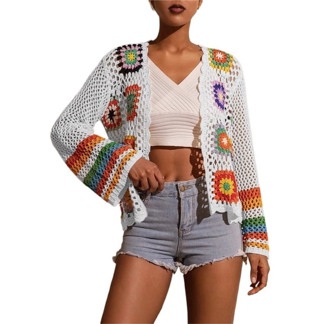 Cárdigans florales de ganchillo for mujer, cárdigan bohemio con abertura frontal, suéter, Tops de manga larga, moda Primavera Verano