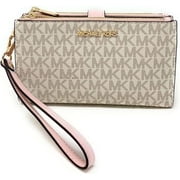 Michael Kors Jet Set Travel Leather Logo Large Double Zip Wristlet Wallet (Vanilla/Powder Blush)