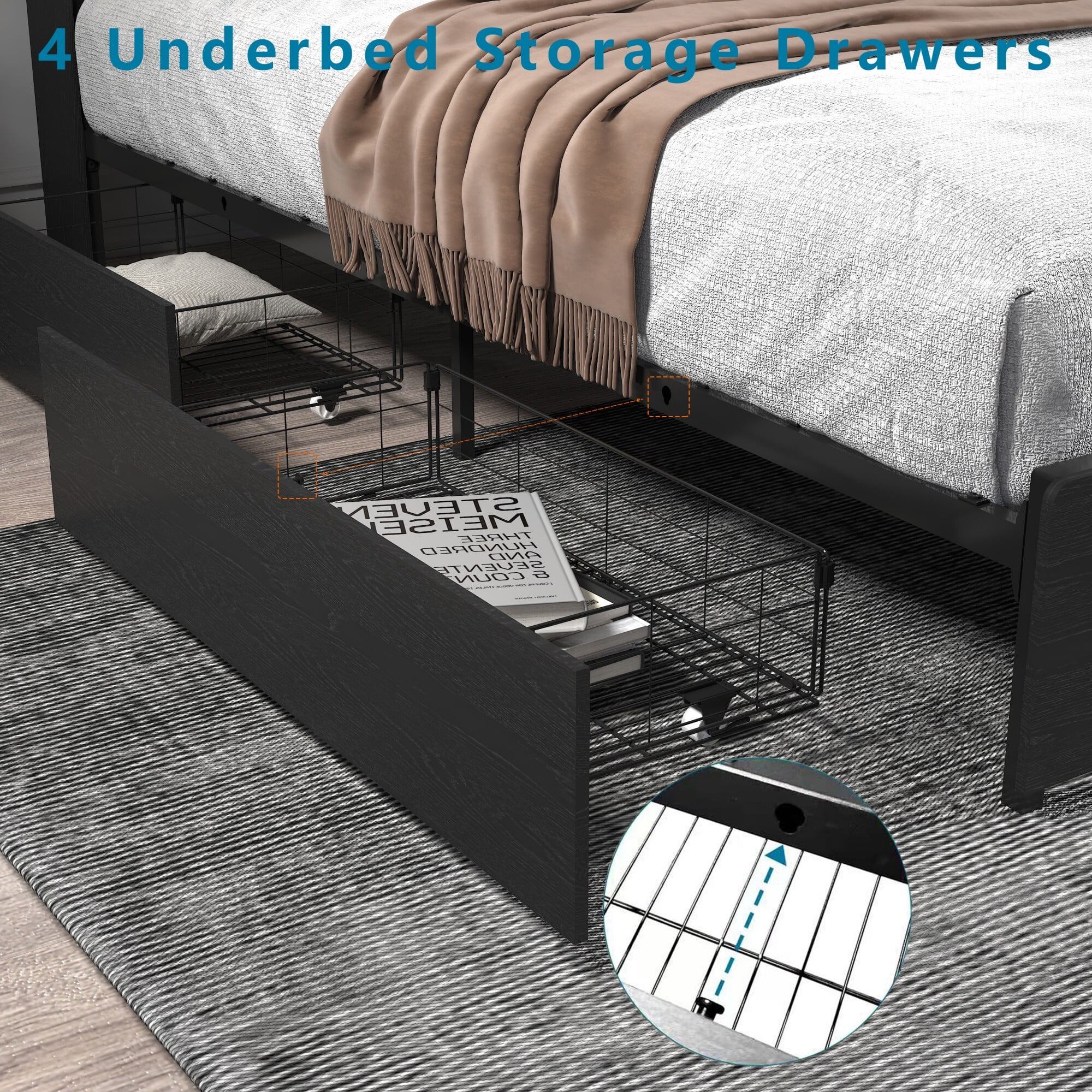 AENKYO Full Size Bed Frame with 4 Storage Drawers & LED Lights - Storage Headboard with Charging, Noise-Free, Black