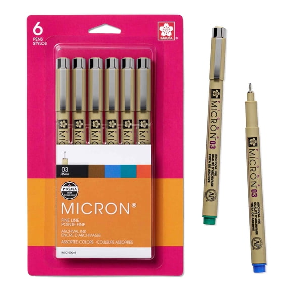 Sakura Pigma Micron Fineliner Pens - Archival Black and Colored Ink Pens for Writing, Illustration, or Journaling - Black and Colored Ink - 03 Point Size - 6 Pack