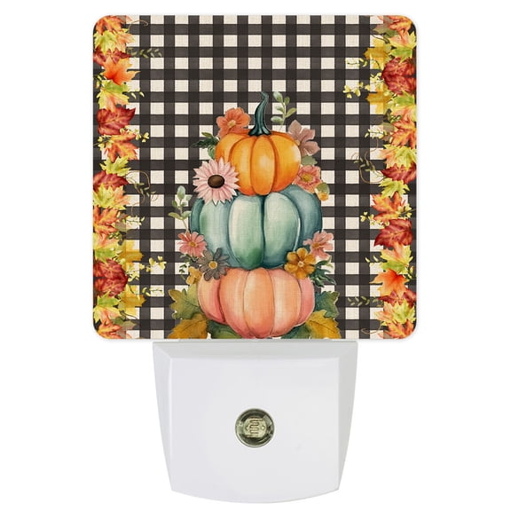 Plug in Night Light Fall Thanksgiving Wall Light with LED, Pumpkin Maple Leaf Black White Plaid Bright Decor Square Night Lights for Bathroom, Bedroom, Babyroom, Corridor, Living Room