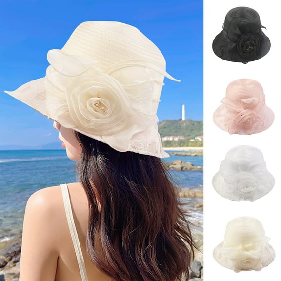 D GROEE Women Mesh Sun Hats Summer Beach UV UPF Packable Flower Decor Princess Style Round Hat
