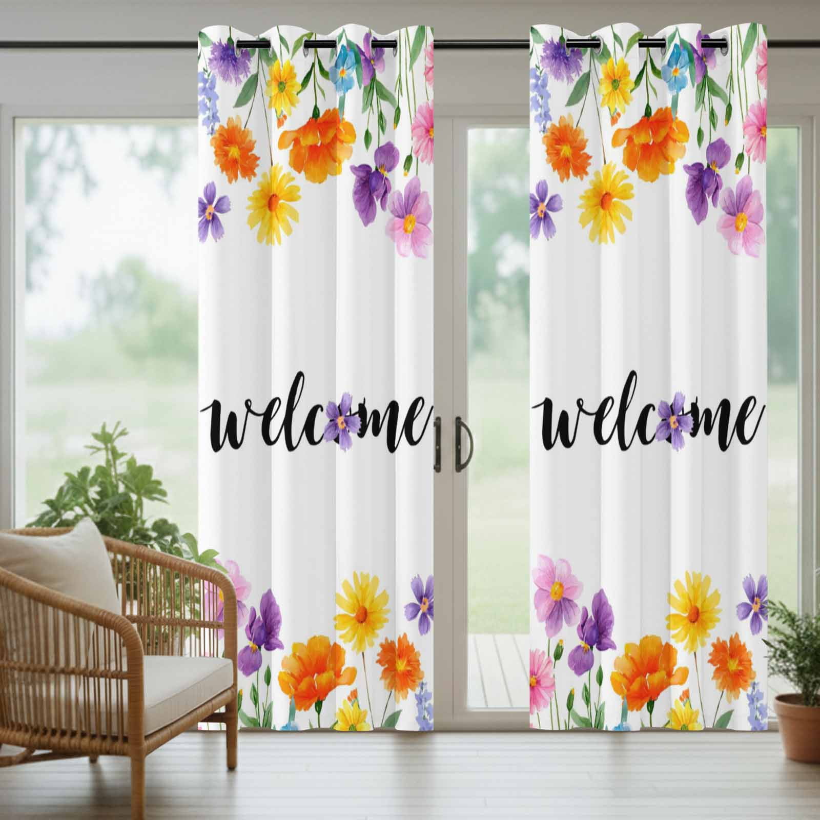 Farmhouse Outdoor Curtains for Patio, Welcome Yellow Purple Flower Wildflower Sunshade Privacy Drapes Grommet Waterproof Outside Curtains for Porch/Cabana/Balcony 54"x 108", 1 Panel
