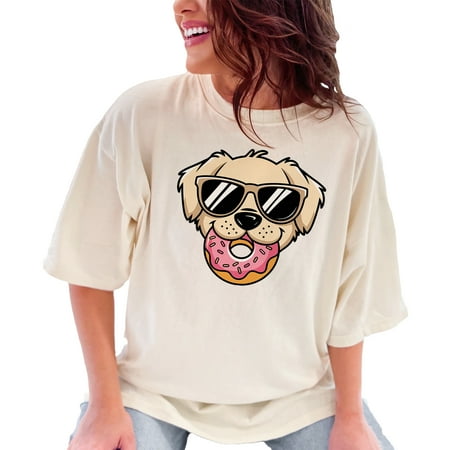 Cute Dog with Donut T-Shirt Fun Sunglasses Dog Graphic Tee Puppy Illustration Shirt Adorable Dog Lover Gift Casual Wear Ivory Comfort Colors T-Shirt Small