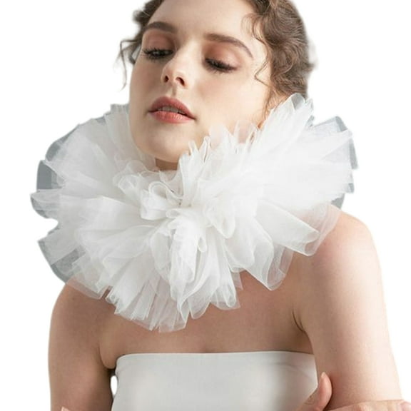 Multilayer White Mesh Puff Ruffle Faux Collar Renaissances Elizabethan Neck Ruff Ties Up Clown Choker Shawl for Women