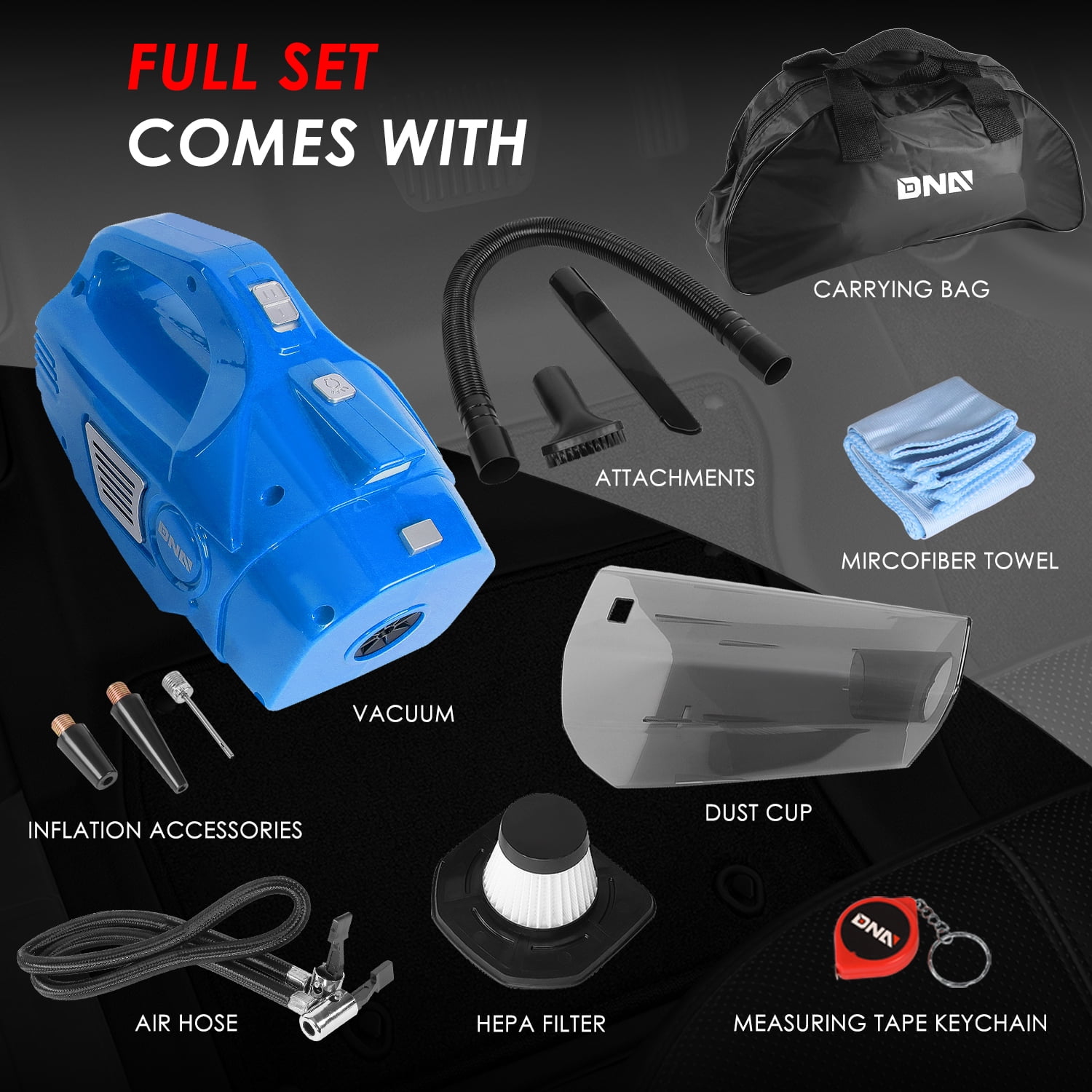DNA Motoring WMT-TOOLS-00183 12V, 70W, 2 IN 1 Portable Handheld Car Mini Corded Vacuum Cleaner, Blue