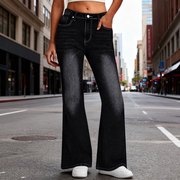 Jeans for Women Stretch, Casual Black Washed Stretch Flared Jeans, Women's Jeans