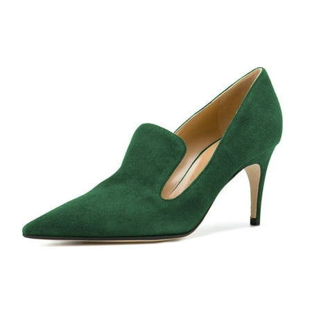 YDN Women Classic Stilettos Mid Heels Slip On Loafer Pumps Pointy Closed Toe Slide Suede Office Casual Dress Shoes Size 14 Green