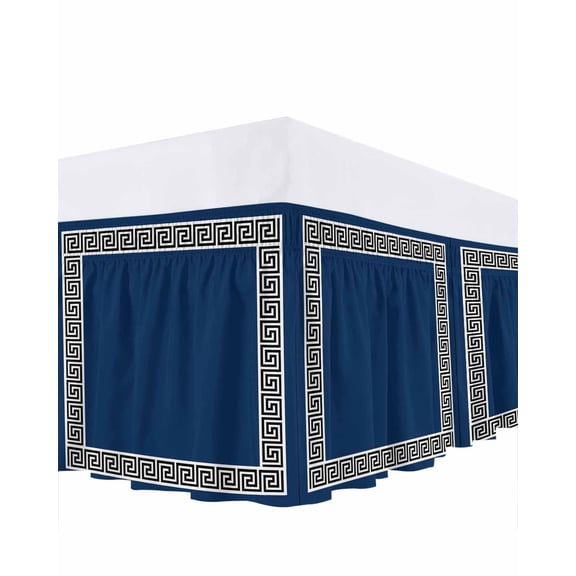 Navy Blue Bed Skirt Greek Chinese Style Border Geometric Bed Skirts King Size 18 Inch Drop, Wrap Around Dust Ruffle Bedskirt with Adjustable Elastic Belt for Queen Size Beds