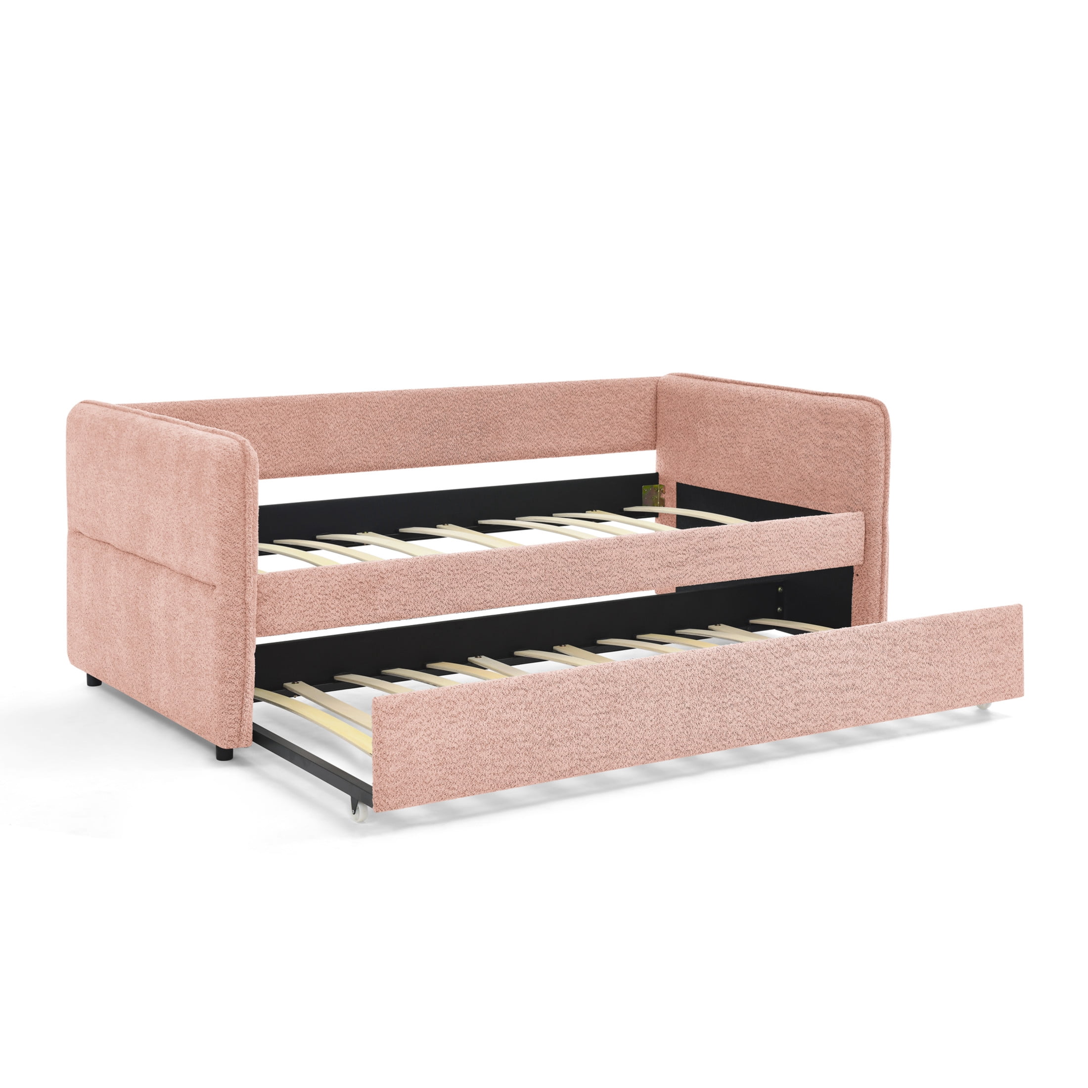 Noble House Zenton Twin Size Boucle Daybed, Tufted Sofa Bed Frame with Trundle, Modern Guest Sleeper Couch, Pink