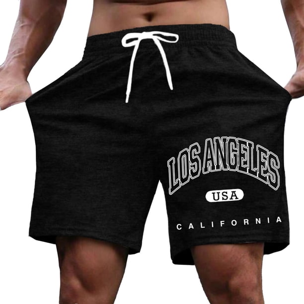 Pantalones cortos casuales con estampado de letras estilo urbano para hombre, ligeramente elásticos, de poliéster