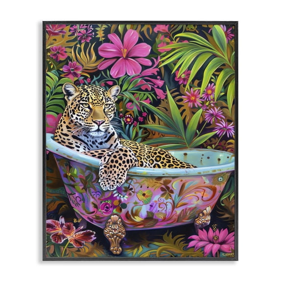 Stupell Industries Bohemian Tropical Rainforest Leopard Tub Black Framed Giclee Art, 11 x 14, by LSR Design Studio