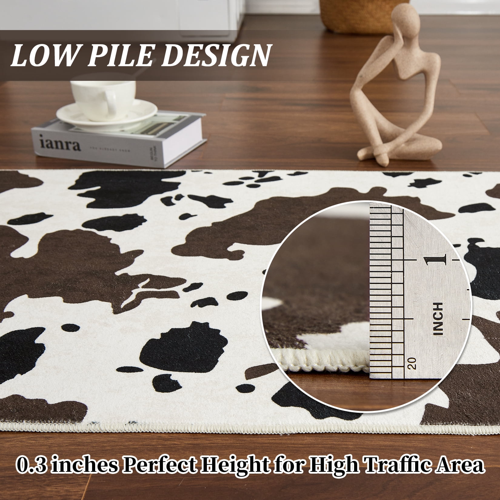 Tzou Cow Print Runner Rugs 2' x 6' – Modern Washable Low Pile Throw Rug with Non-Slip Backing, Stain-Resistant Soft Floor Carpet for Living Room, Bedroom, Kitchen (Machine Washable)