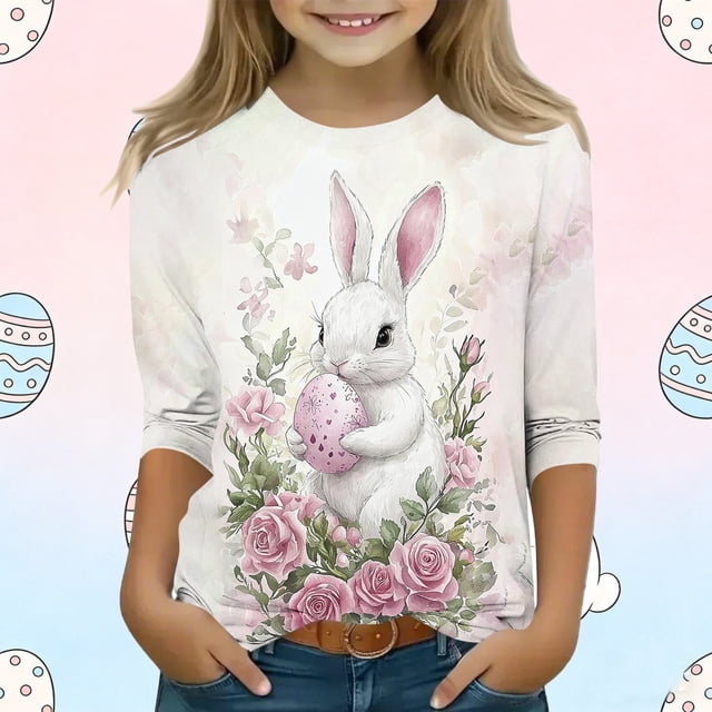 Blusas y camisas de manga larga con cuello redondo para niños con estampado de día de Pascua, manga 3/4/cuello redondo tres cuartos, camisa inferior y superior para niños, parte superior de poliéster