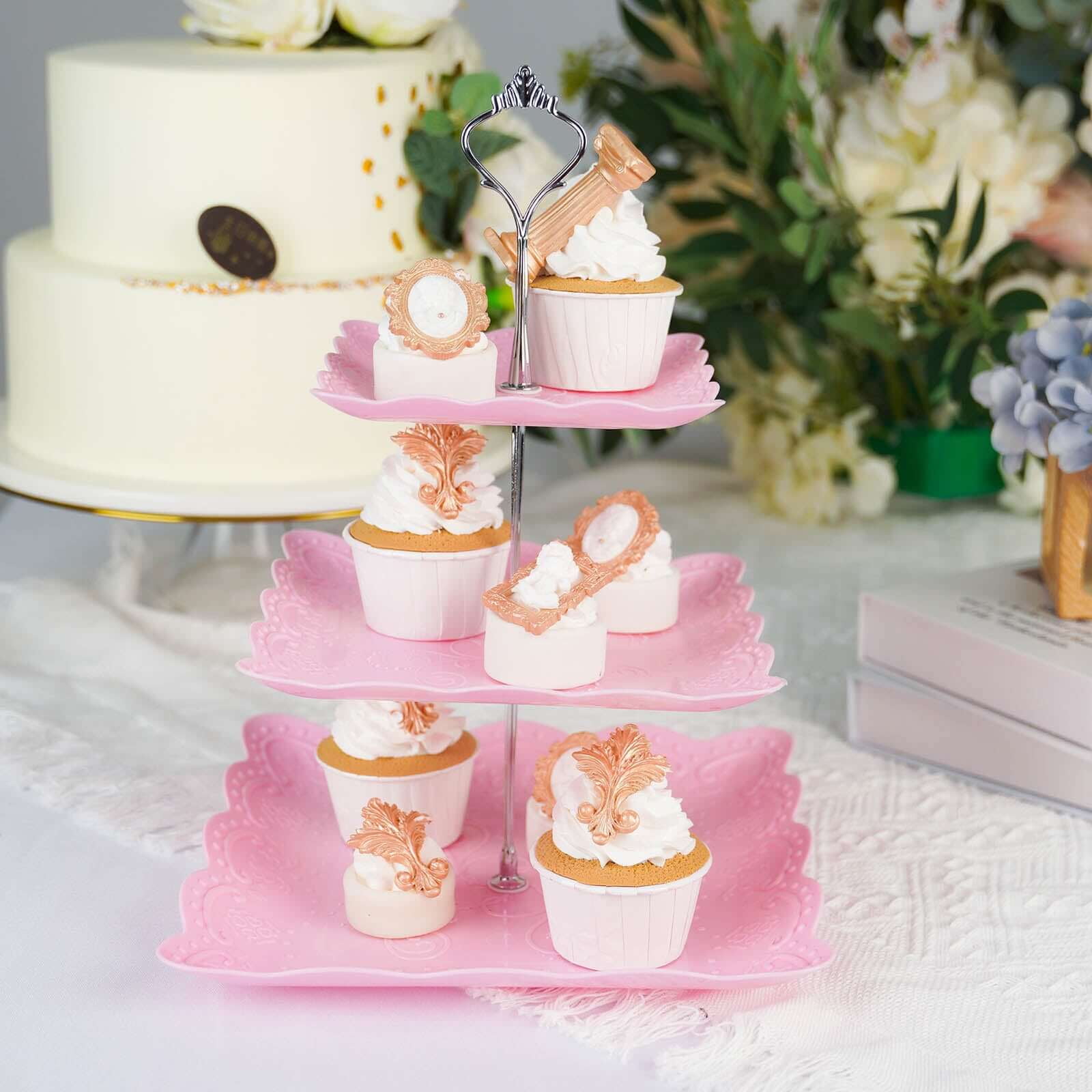 Efavormart 13" | 3 Tier Floral Print Cupcake Stand, Pink Square Dessert Tray Display Holder with Wavy Edges - Plastic