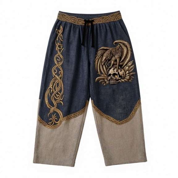 BOOMNY Mens Baggy Linen Pants Wide Leg Viking Pants for Men Loose Fit Elastic Waist Drawstring Norse Mythology Graphic Y2K Casual Jogger Pant With Pocket